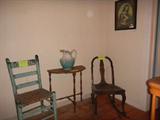 shabby, primmy ladder back chair, demi lune table, sewing rocker, old framed print...