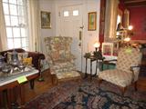 wing chair, oval folding tilt top table, spelter lamp, open arm chair