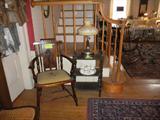 MOP inlaid chair with NP seat, antique gas lamp with satin shade, small shelf with handles