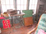 early Howe Mfg treadle sewing machine with cover, table, general store lift top desk, folding sewing table