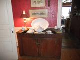 Nice old dry sink, ironstone, framed water color paintings above
