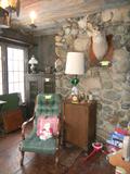deer mount, old chair (as is) oak record cabinet, pie safe in back