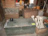 primmy painted blanket box, laundry basket (as is), balusters, etc.