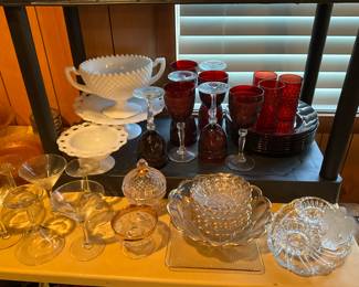 Living room - red plates, milk glass, clear glass items & more