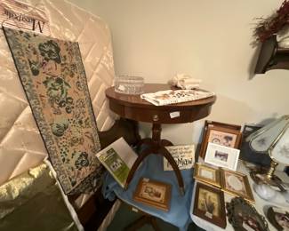 Bedroom -pictures, small vintage table (round with drawer) wall hanging