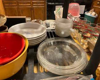 Bar divider in living room to kitchen - pie plates, Corning ware, large bowls, glasses set & more!