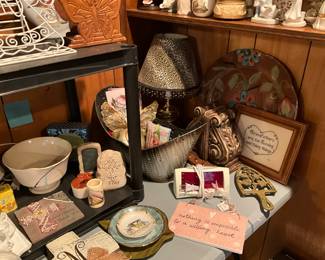 Pictures, plates, lamp, dishes & more