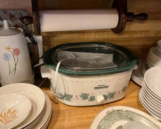 Kitchen - close up of crock pot -another view of dishes & an electric percolator on left side