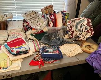 3rd bedroom - crochet items, towels, set of vintage days of week towels & more!