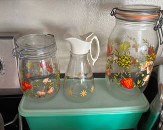 French ARC Spice of Life Glass Canisters, 1950s Thatcher Syrup Dispenser, Tupperware Jadeite Celery Crisper Keeper
