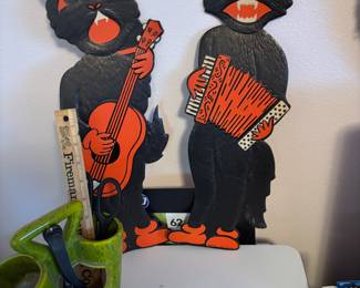 Two 1940's Halloween HE Luhrs Beistle Diecut Black Cats Playing Instruments