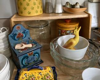 Norwegian Folk Art Wooden Salt Cellar, Anthropologie Stoneware Blue/Yellow Floral Butter Dish, 1983 Quaker Oats Limited Edition Pancakes & Syrup Tin Can, 1930's Yellow Bird Pie Bird