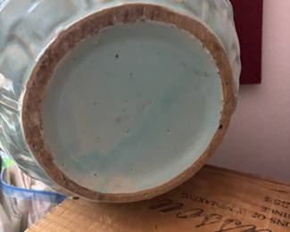 Turquoise Pottery Planter with Floral and Basket Weave Design