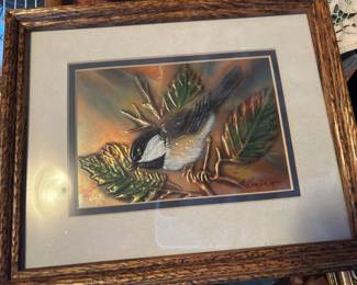 Framed & Matted Textured Metal Chickadee Bird Artwork – Signed by Artist