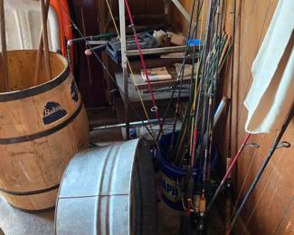 Barrel (2), aluminum tub, fishing poles, knee boards (2)