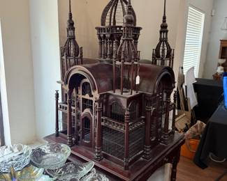CARVED WOOD VICTORIAN STYLE BIRD CAGE IN SHAPE OF CATHEDRAL / CHURCH
