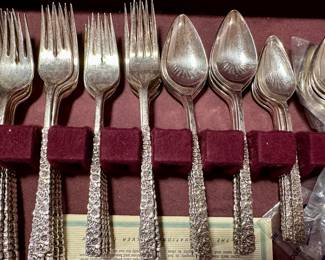 Vintage 1847 Rogers Silver-plated Cutlery; LOVE Precious Flower; Five piece place setting service for 12 and storage case.  80 pc (72 pc plus serving pieces)