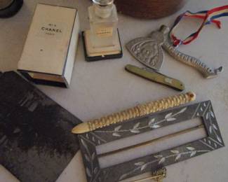 Vintage Chanel bottle, buckle, knives