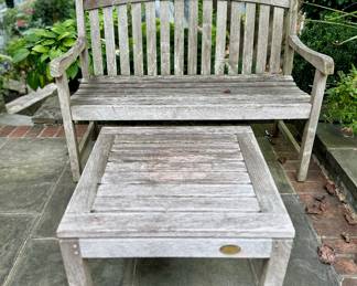 Teak bench and table by Outdoor Designs (Waterbury, CT) and Outdoor Classics.