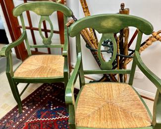 Pottery Barn rush seat armchairs in green