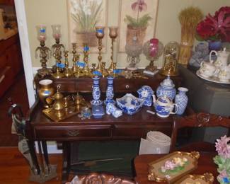 Brass candlesticks and Blue and white