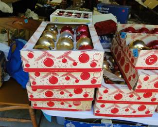 Boxes of vintage C O B Y ornaments, boxes we have