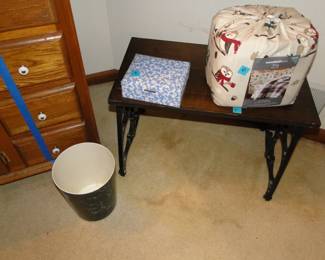 Singer sewing bench, and other fun collectibles, and brand new flannel sheets, KING sized
