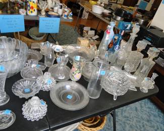 Clear glass pieces, in the style of cut glass, pressed glass, crystal, and knobby nail glass