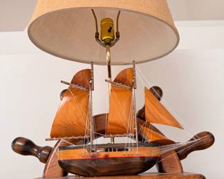 Carved wooden ship lamp