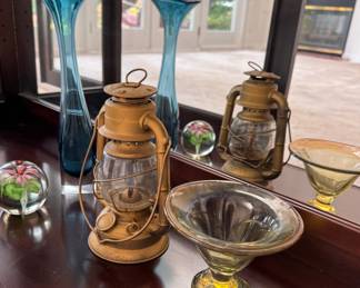 Glass paperweight, MCM glass vases, lantern
