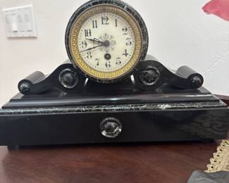 French Slate and marble mantel clock with key
