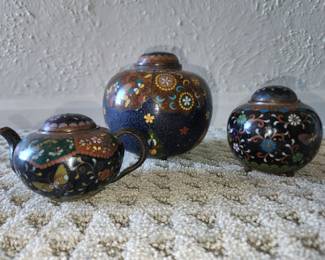 Cloisonne jars and teapot