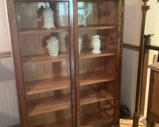 Antique glass front oak cabinet with finial back splash Deco prairie floor lamp.