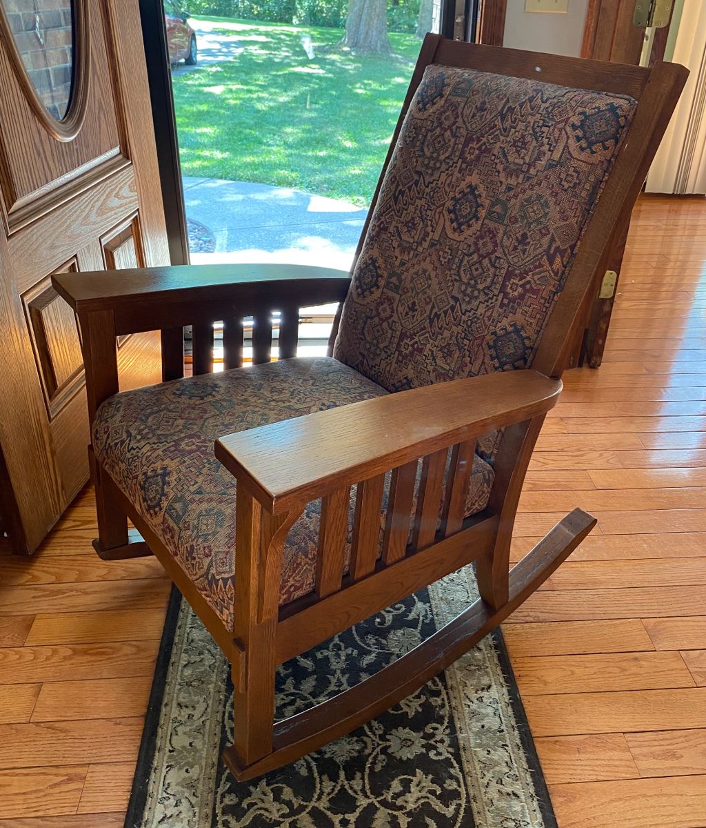 Mission style rocker with tapestry-like upholstery