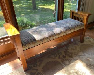 Mission style bench with tapestry style upholstery