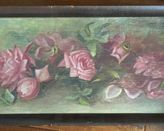 Antique painting of roses on board with antique wood frame.
