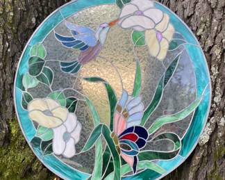 Large round stained glass bird & butterfly