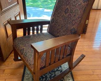 Mission style rocker with tapestry-like upholstery