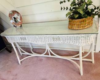Wicker sofa table with glass top