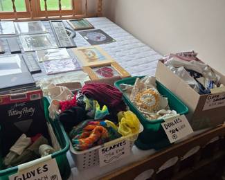 Vintage and newer gloves, scarves, doilies, and cloth squares. Plus art prints!