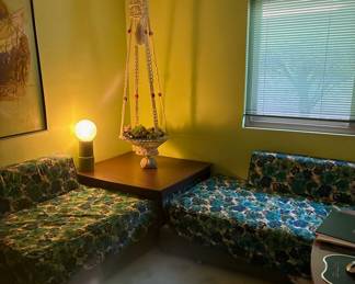 Classic day beds with corner table. Macrame bohemian hanging table.
