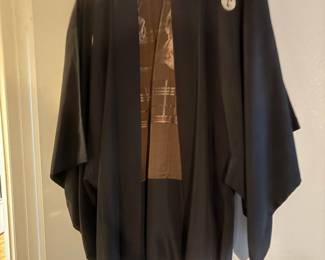 Men's black formal silk Haori with Temple landscape lining and crests. Beautiful.