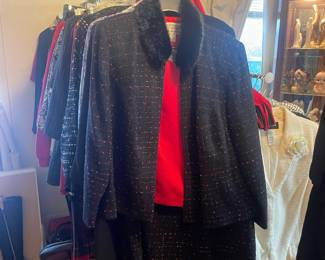 Vintage three piece skirt set with fur trimmed collar