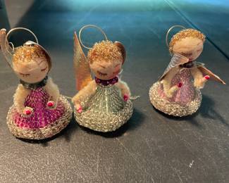 Three Vintage Putz Angel Ornaments Foil Wings