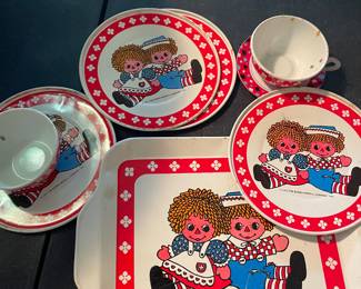 Vintage Raggedy Ann Andy 1972 Bobbs Merrill Co. Metal Tray & Dishes