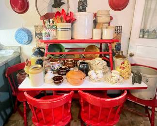 Adorable Red Farmhouse style dining table and barrel chairs and bench. Vintage Watt Pottery Terra Cotta lidded casserole, Crocks of all sizes