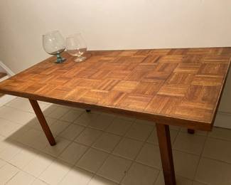 1970's hand crafted parquet table/desk