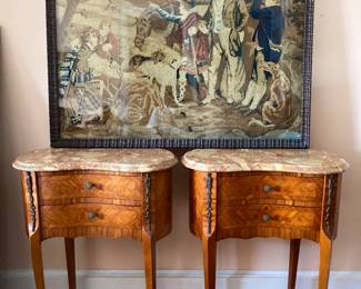 True antique tapestry and Italian antique bedside tables.