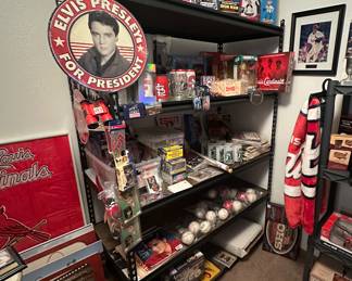 Elvis Bobbleheads; Elvis Tin Sign, Elvis Magazines; Baseball Cards; Funko Pops Molina, Ryan O Reilly, Tarasenko, Goldschmidt; Chicago White Sox Iron Man and Spiderman Bobble Heads; Bad News Bears Ham & Squints Bobble heads; Cardinals Glasses, Travel Mugs; Newspapers, McDonalds Baseball McGwire Sets; Scorecards; Binoculars