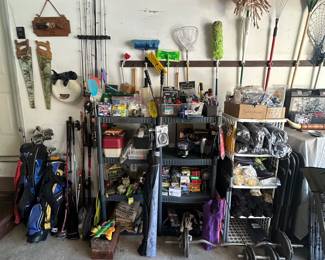 Golf Clubs; Fishing Poles; Rods & Reels; Tackle Boxes; Burlap Bags; Flashlights; Nails, Screws; Extension Cords; Safety Glasses; Work Gloves; Barbell and Weights; Mops/ Brooms